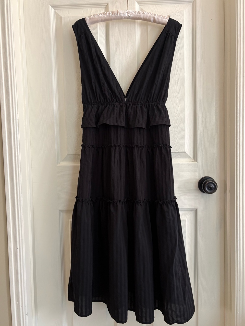 Black Tiered V-Neck Midi Dress with Ruffles